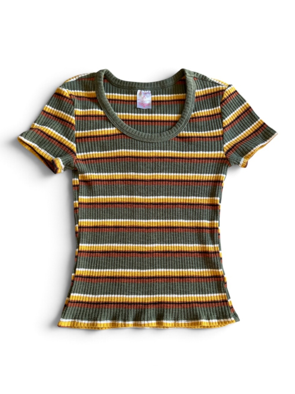 Y2K No Boundaries Striped Ribbed Scoop Neck Tee Olive Size Medium Multi Color